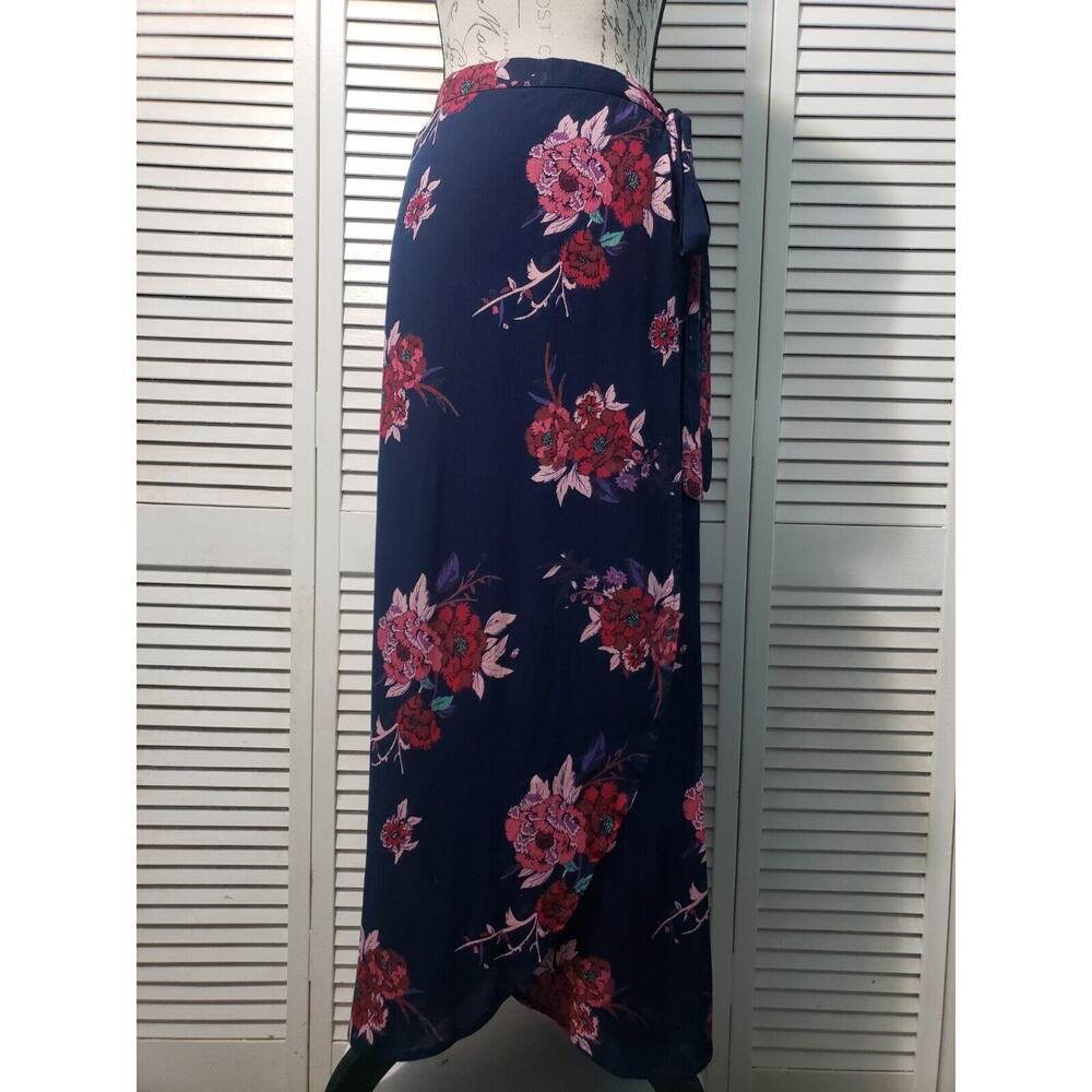 Patrons Of Peace Faux Wrap Skirt Womens Small Navy Floral Elastic Waist Side Tie